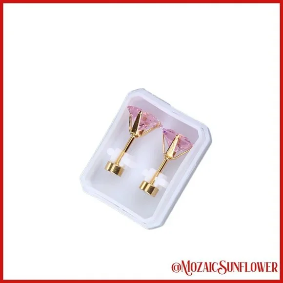 Gold & Stainless Steel AAAA+ 7cm Pink Princess Cut Screw Post Earrings - Picture 2 of 6